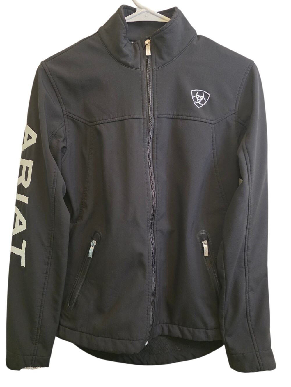 Ariat New Team Softshell Jacket Bold Embroidered Logo Size S EUC Black